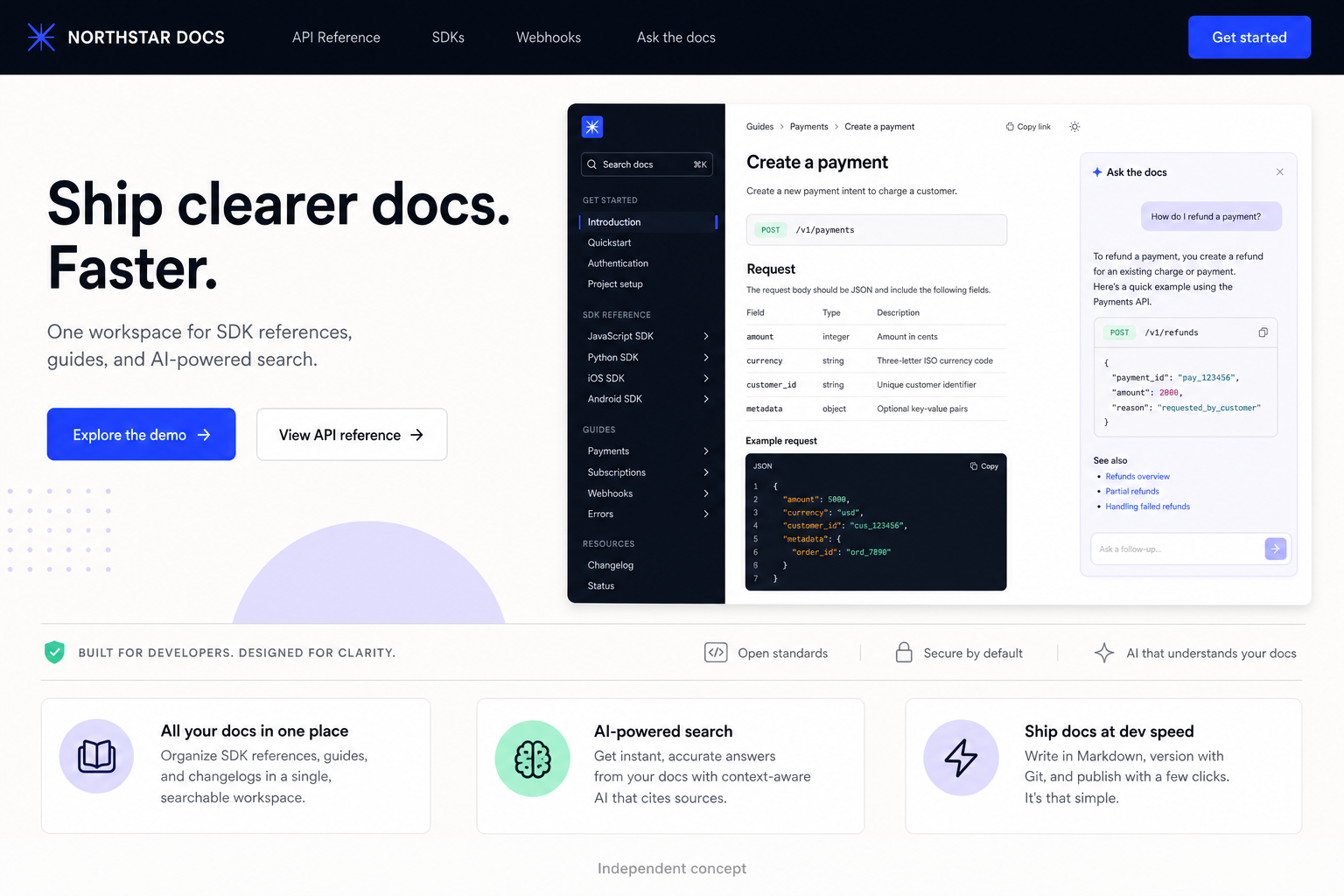 Northstar Docs developer documentation landing page concept